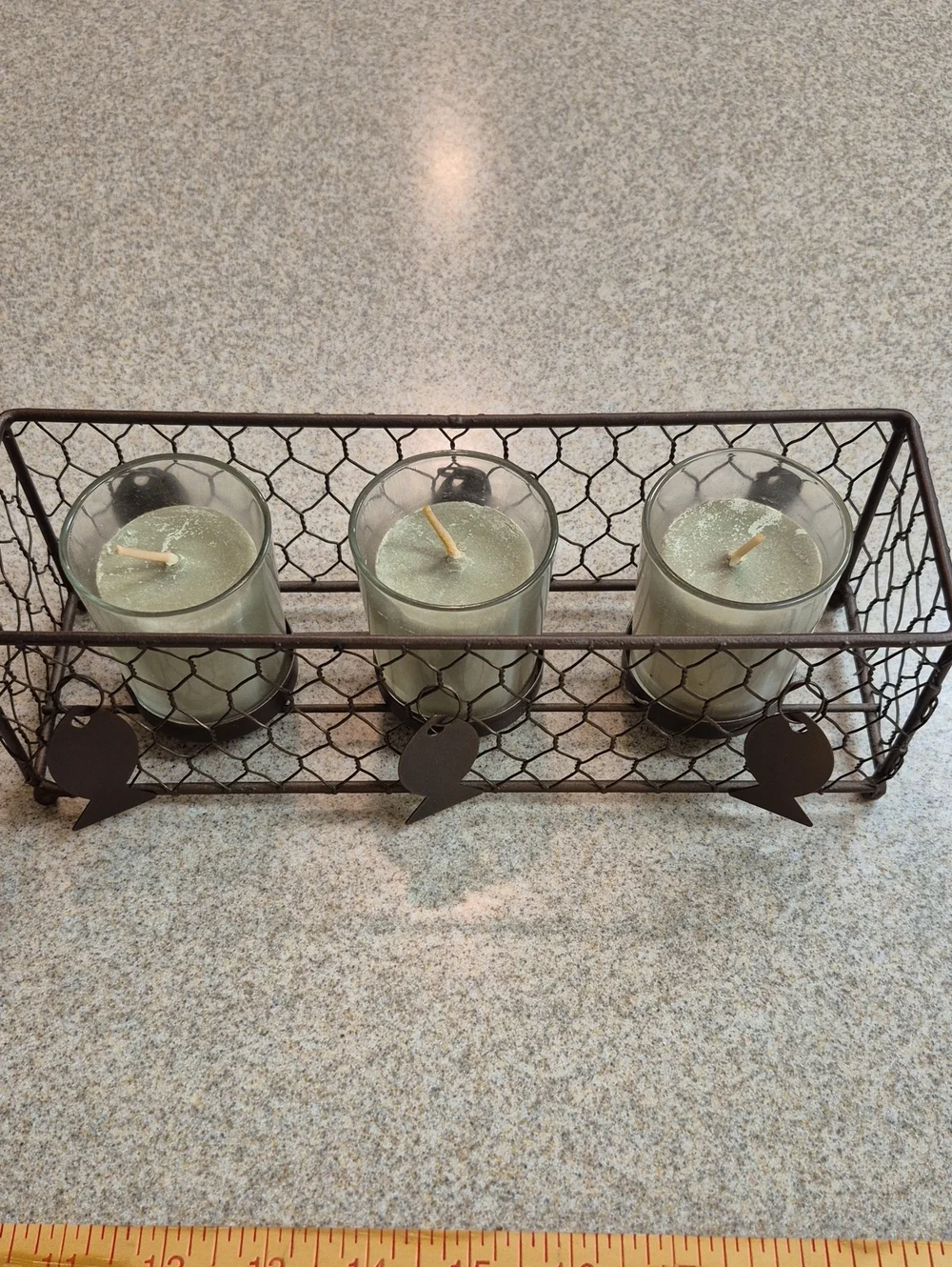 Rustic Metal Wire Votive Light Holder with Green Candles And Fish Charms